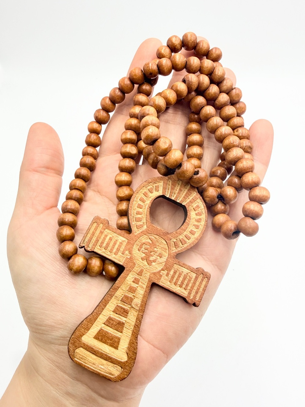 Hand-Carved Wooden Ankh Pendant Necklace with Wood Beads